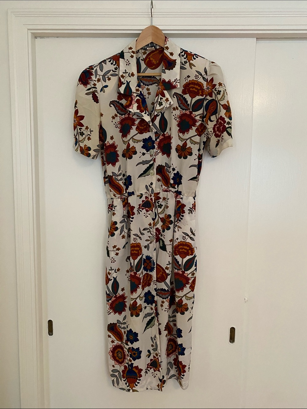 Floral Button-Front Cream Midi Dress